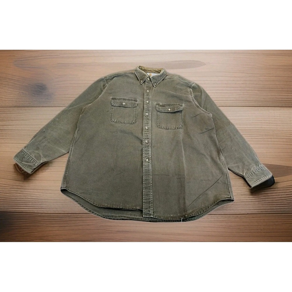 VTG‎ Carhartt Rugged Workwear Canvas Button Up Shirt Distressed 2XL *READ*